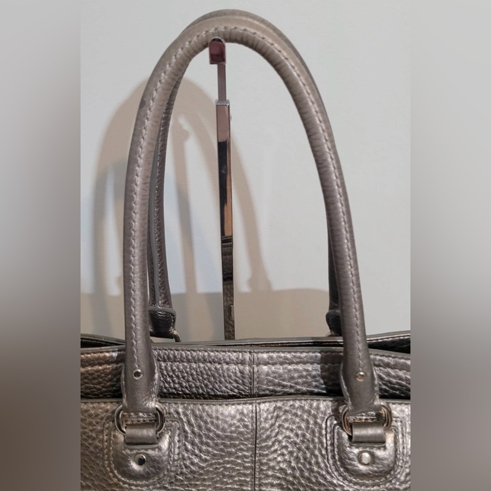 Cole Haan Metallic Silver Tote Shoulder Bag Pebbled Leather 3 Compartments - Picture 6 of 16